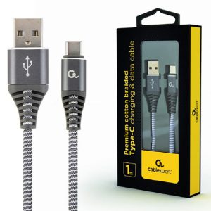 CABLEXPERT PREMIUM COTTON BRAIDED TYPE-C USB CHARGING AND DATA CABLE 1M SPACEGREY/WHITE RETAIL PACK